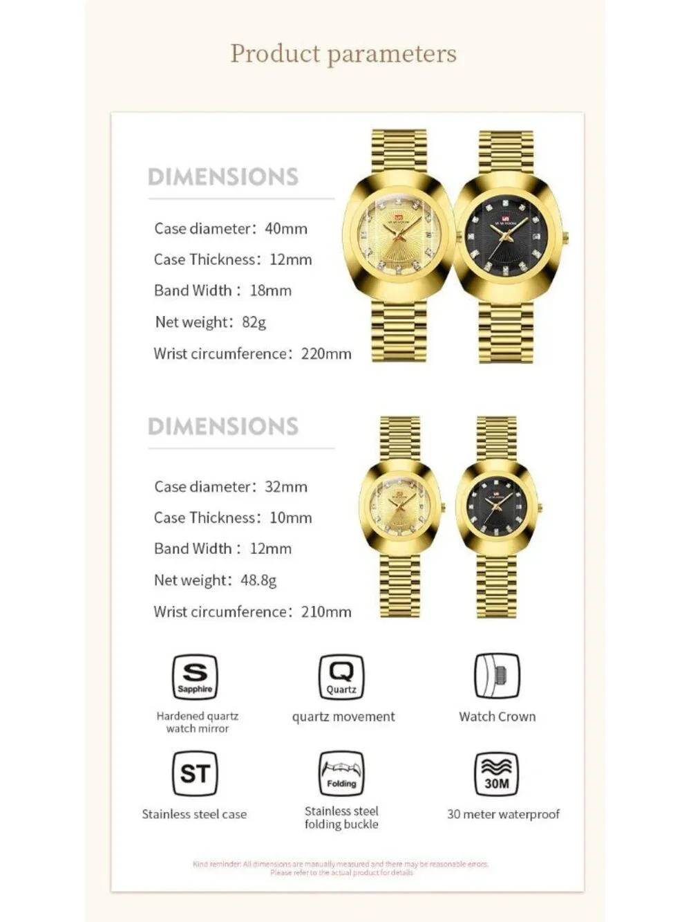 Men's Gold Black Casual Stainless Steel Oval Style Waterproof Quartz Wrist Watch